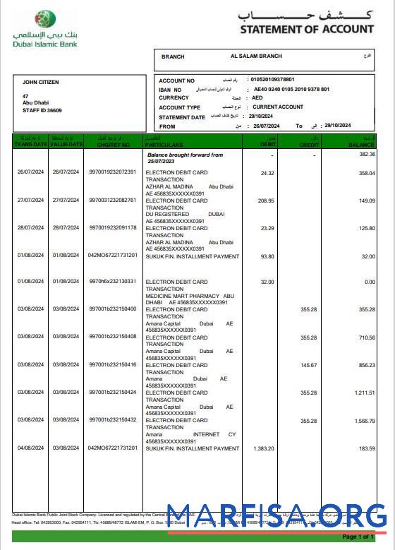 Realistic UAE Duabi Islamic bank statement 3 – 6 months word example